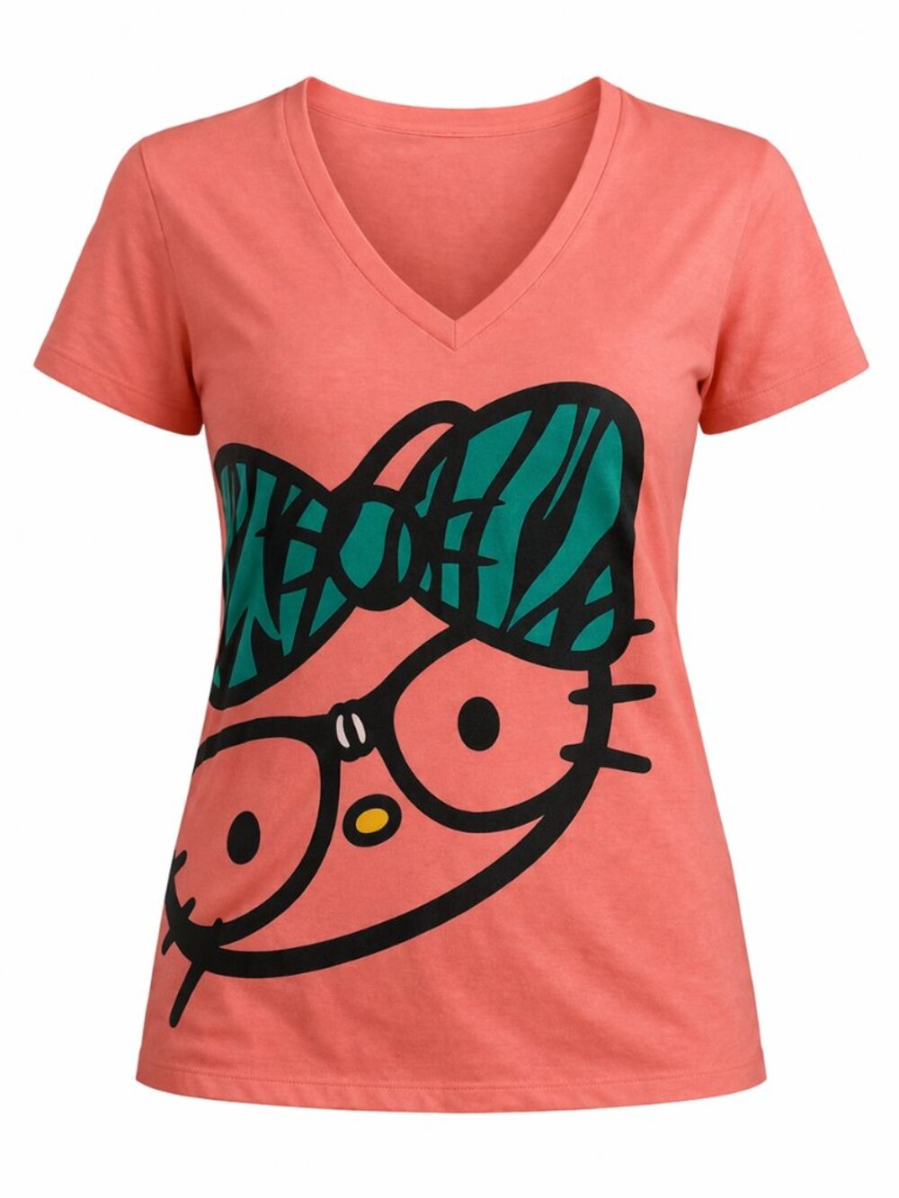 Hello Kitty Sanrio Womens T Shirt XL Coral V Neck Graphic Tee Cute